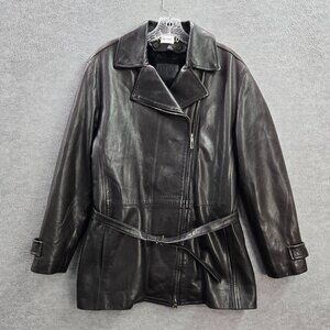 VINTAGE Gucci Women Jacket 42 Black 100% Leather Fur Belted Full Zip Moto‎ Italy